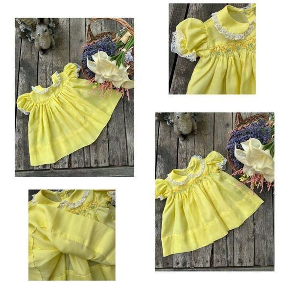 Vintage | 50s Yellow Party Dress Smocked Peter Pan Collar Puff Sleeve Lace Trim - Picture 8 of 8